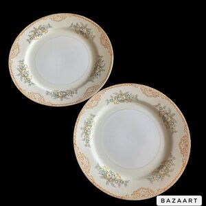 2 Vintage KRE9 by KRESCENT JAPAN Dinner Plates Tan Edge Floral Rim Gold Trim 10”